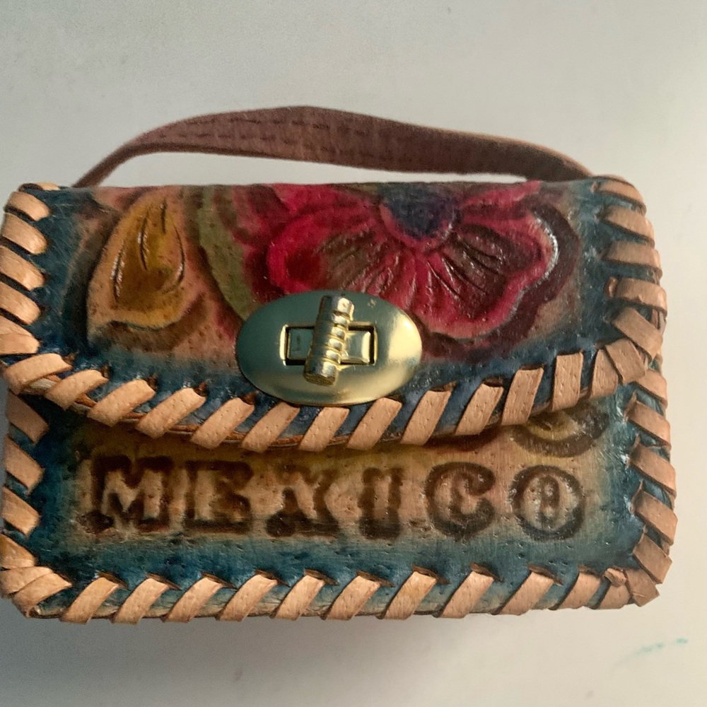 Vintage Hand tooled Small Crossbody Purse Mexico Colorful Flowers